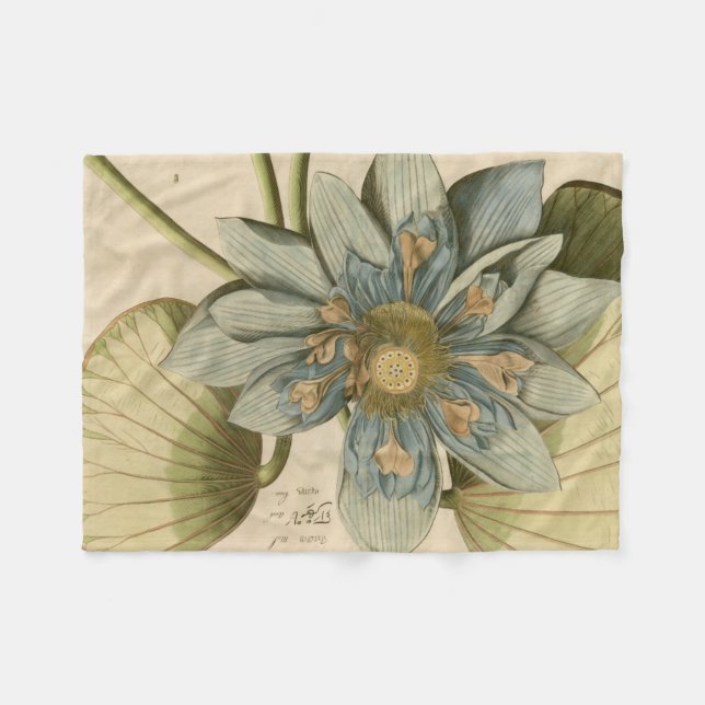 Blue Lotus Flower on Tan Background with Writing Fleece Blanket (Front (Horizontal))