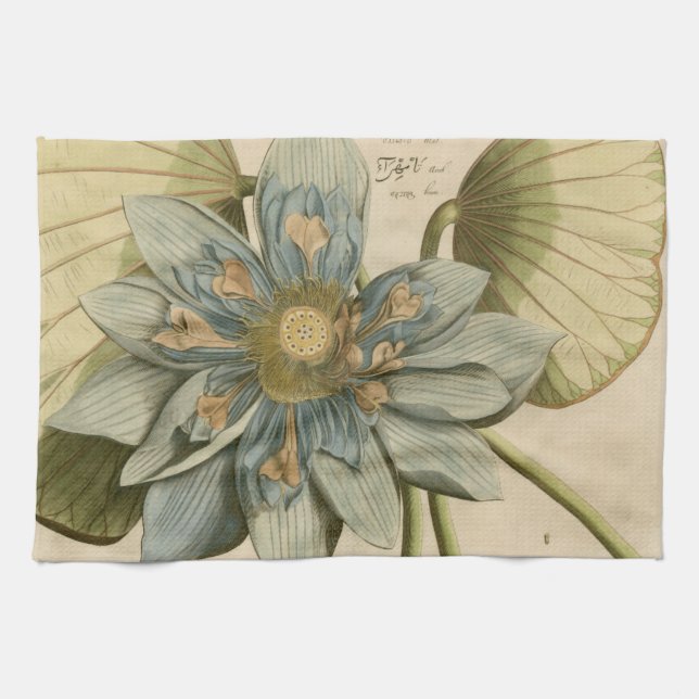 Blue Lotus Flower on Tan Background with Writing Kitchen Towel (Horizontal)