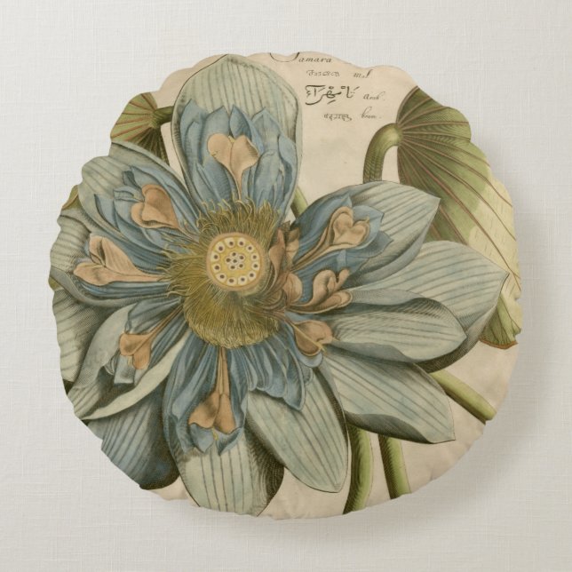 Blue Lotus Flower on Tan Background with Writing Round Pillow (Front)