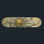 Blue Lotus Flower on Tan Background with Writing Skateboard<br><div class="desc">A beautiful blue lotus flower in full bloom is the focus of this piece. The yellow centre is almost hypnotizing in its glory. Add a little elegance to your home with this print!</div>