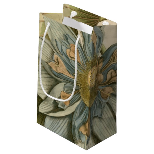 Blue Lotus Flower on Tan Background with Writing Small Gift Bag (Back Angled)