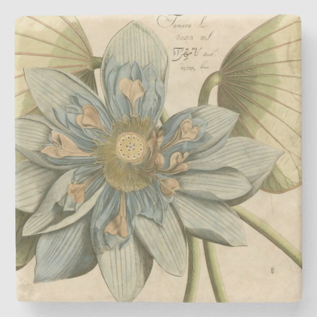 Blue Lotus Flower on Tan Background with Writing Stone Coaster (Front)