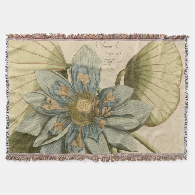 Blue Lotus Flower on Tan Background with Writing Throw Blanket (Front)