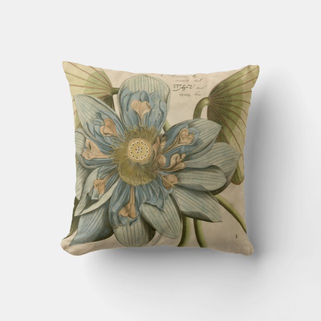 Blue Lotus Flower on Tan Background with Writing Throw Pillow (Front)