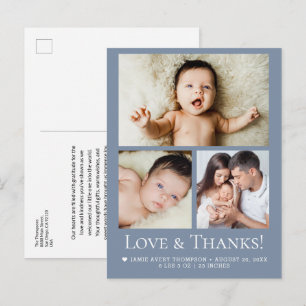 Blue Love and Thanks Baby Photo Birth announcement Postcard