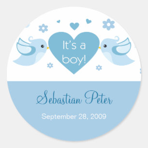 Blue Love Birds Baby Birth Announcement Classic Round Sticker