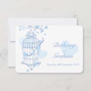 Blue love birds open cage wedding invitation