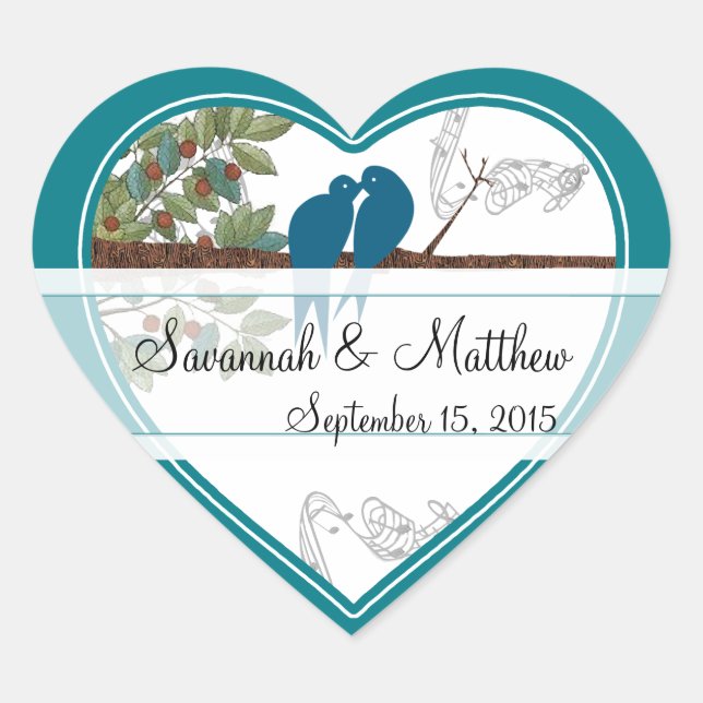 Blue Love Birds Sitting in a Tree Wedding Sticker (Front)