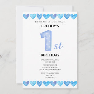 Blue Love Hearts 1st Birthday Photo Invitation