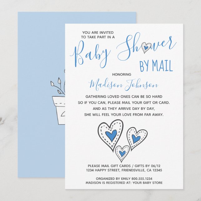 Blue Love Hearts Boy Baby Shower By Mail Invitation (Front/Back)