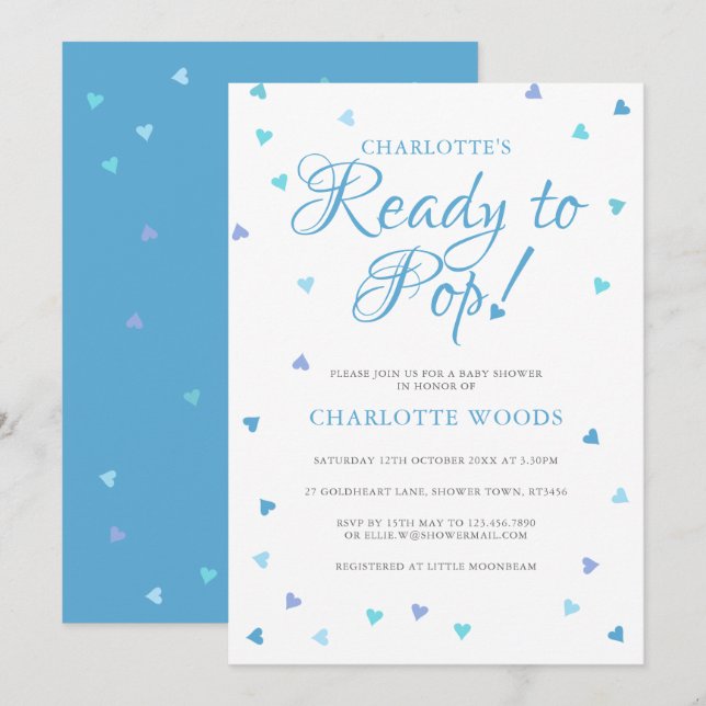 Blue Love Hearts Ready To Pop Baby Boy Shower Invitation (Front/Back)