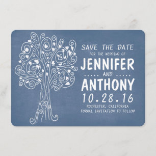 blue love hearts tree rustic save the date cards