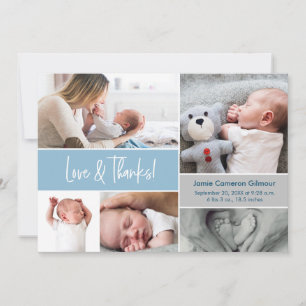 Blue Love & Thanks Photo Collage Baby Shower  Thank You Card