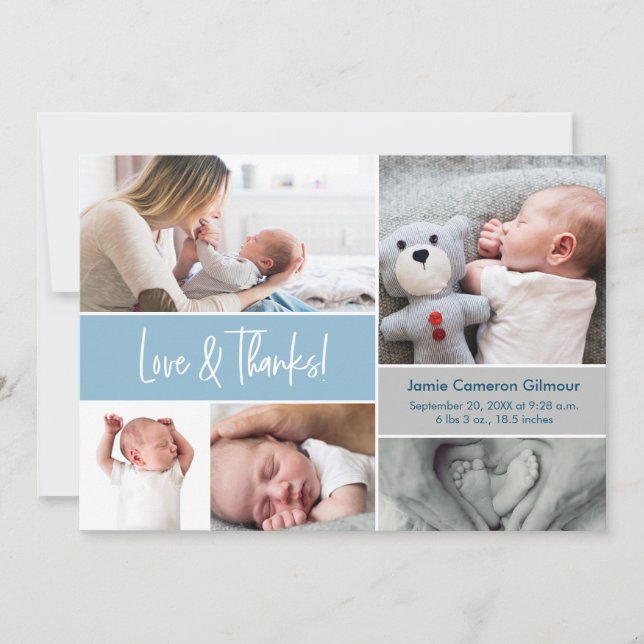 Blue Love & Thanks Photo Collage Baby Shower  Thank You Card (Front)
