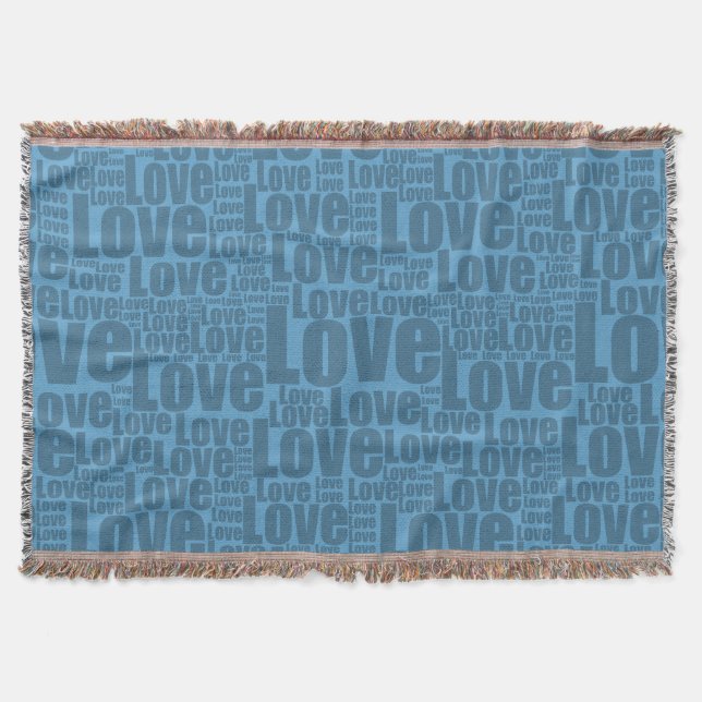 Blue LOVE Typography Repeat Pattern Throw Blanket (Front)