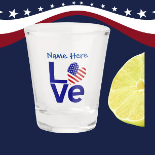 Blue LOVE USA Heart Flag Personalized Shot Glass
