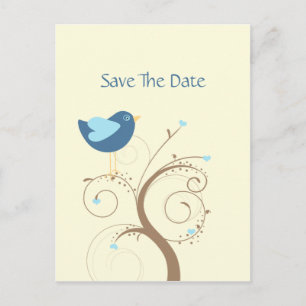 Blue Lovebird and Hearts Save The Date Announcement Postcard