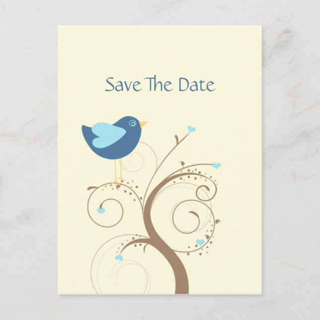 Blue Lovebird and Hearts Save The Date Announcement Postcard (Front)