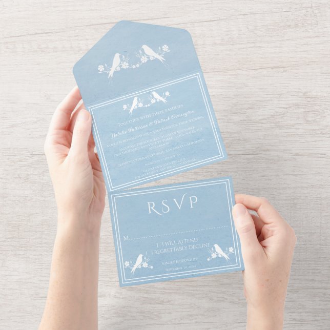 Blue Lovebird Floral All in One Wedding Invite (Tearaway)