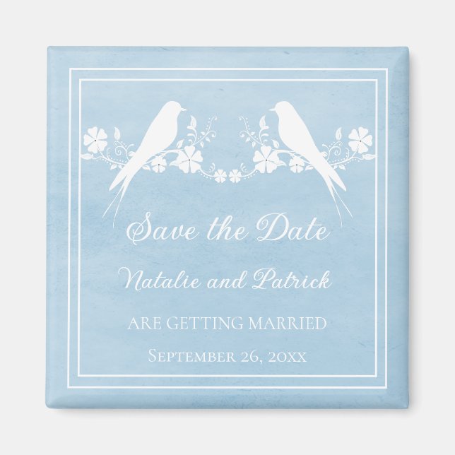 Blue Lovebird Floral Save the Date Magnet (Front)
