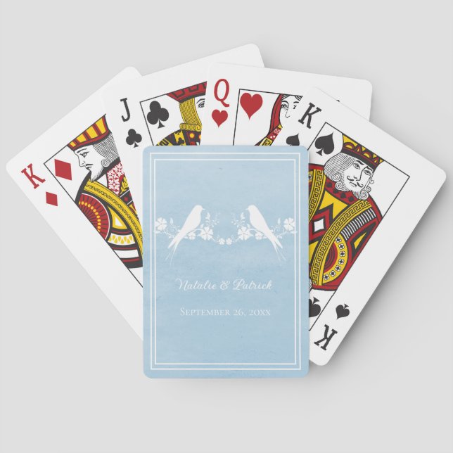 Blue Lovebird Floral Wedding Playing Cards (Back)