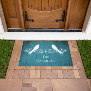 Blue Lovebirds Floral Vine Personalized Doormat