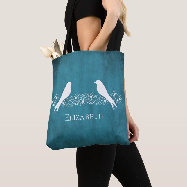 Blue Lovebirds Floral Vines Tote Bag (Close Up)
