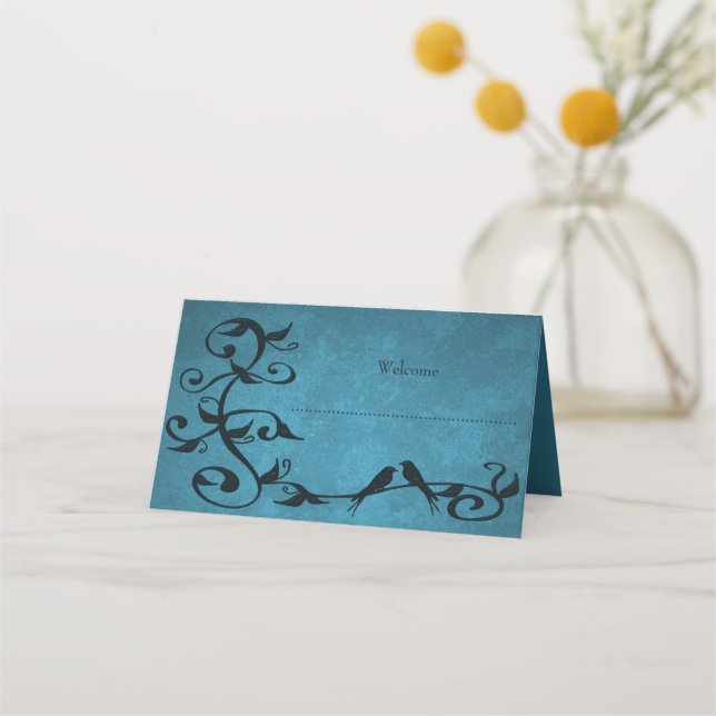Blue Lovebirds Reception Place Card (Front)