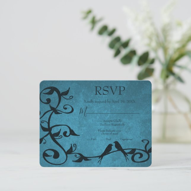 Blue Lovebirds Wedding RSVP Card (Standing Front)