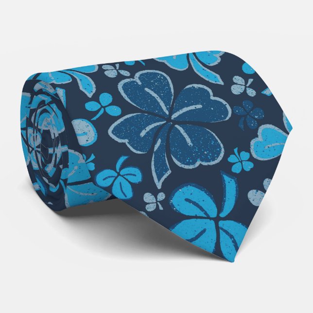 Blue Lucky Clover Shamrock Pattern Tie (Rolled)