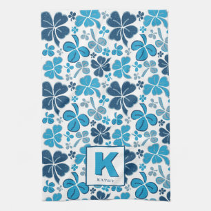 Blue Lucky Shamrock Clover Pattern Monogrammed Kitchen Towel