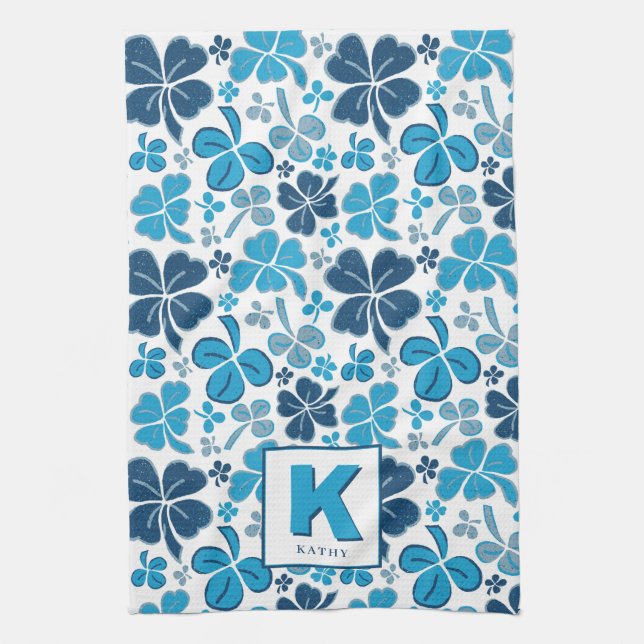 Blue Lucky Shamrock Clover Pattern Monogrammed Kitchen Towel (Vertical)