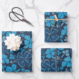 Blue Lucky Shamrocks Clover St. Patrick`s Day Wrapping Paper Sheet