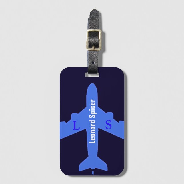 blue luggage tag personalized with name & initials (Front Vertical)