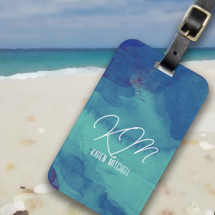 Blue LuggageTag Monogrammed Watercolor Bluish Luggage Tag