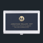Blue Luxury Gold Initial Logo Business Card Holder<br><div class="desc">Simple modern luxury design with brushed metallic gold initial logo medallion with personalized name,  title,  company name or custom text below in classic block typography on a dark blue background. Personalize for your custom use.</div>
