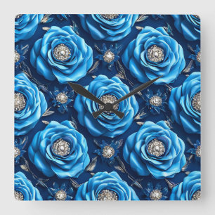 Blue Luxury Rose Design Modern Square Wall Clock
