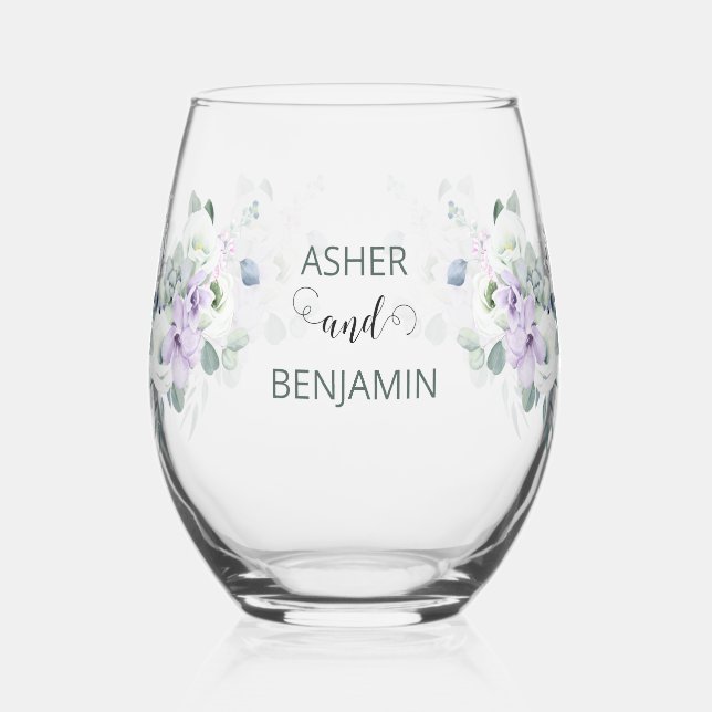 Blue Luxury Spring Wildflower Rose Garden Seamless Stemless Wine Glass (Left)