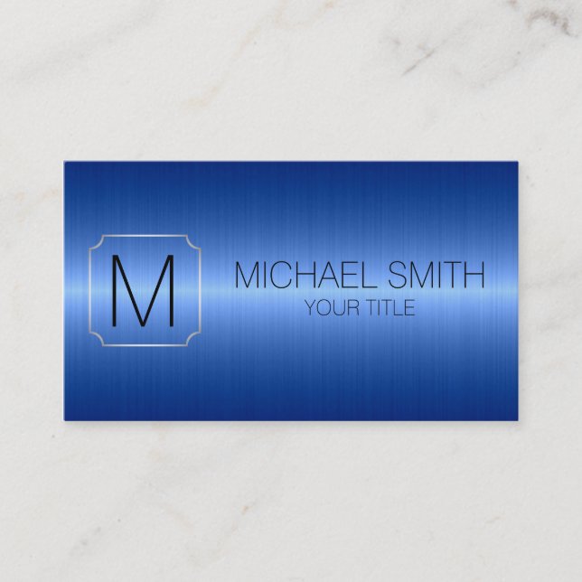 Blue Luxury Stainless Steel Metal Monogram Business Card (Front)