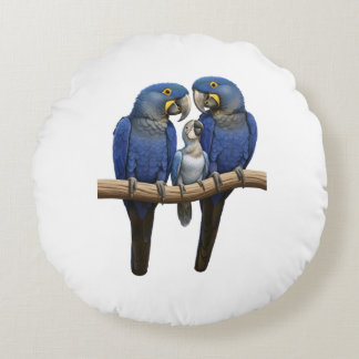 Blue macaw and jacaranda flowers round pillow