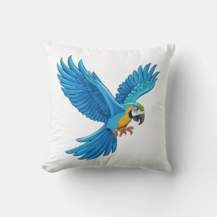 Blue macaw flying throw pillow