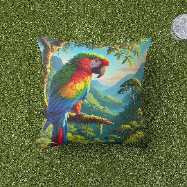 Blue Macaw Parrot Tropical Outdoor Throw Pillow (Grass)