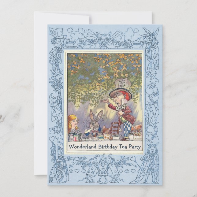 Blue Mad Hatter's Wonderland Birthday Tea Party Invitation (Front)