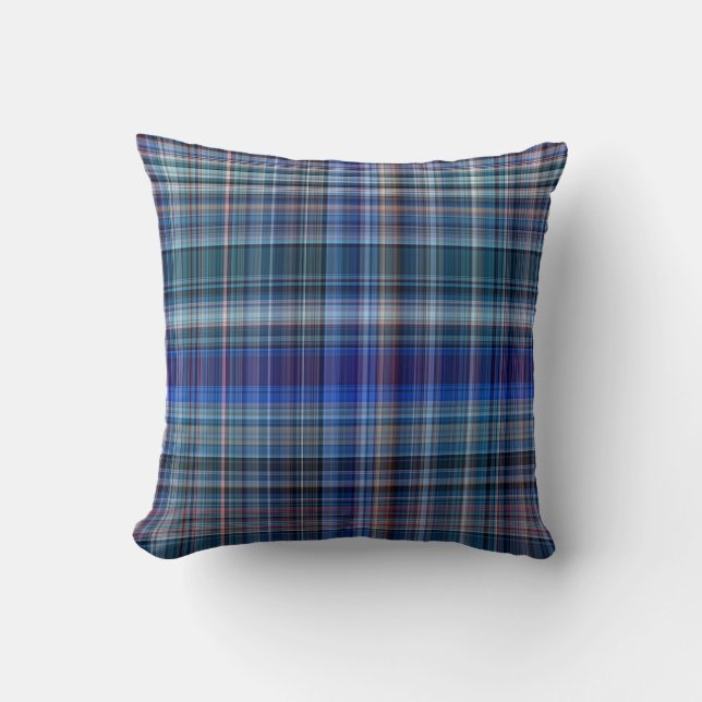 Blue Madras Plaid Stripe Pattern Throw Pillow (Front)