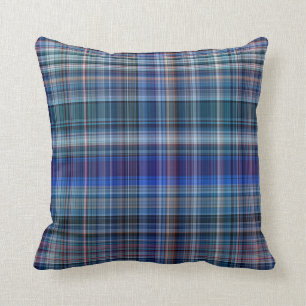 Blue Madras Plaid Stripe Pattern Throw Pillow