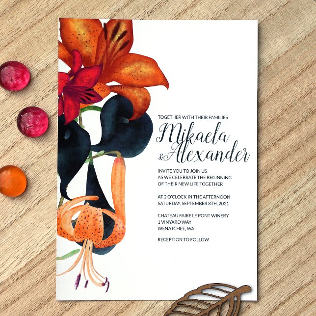 Blue, Magenta, Orange Tiger Lilies Fall Wedding Invitation (Orange, Blue, Magenta Fall Tiger Lilies, Calla Lilies Wedding Invitations)