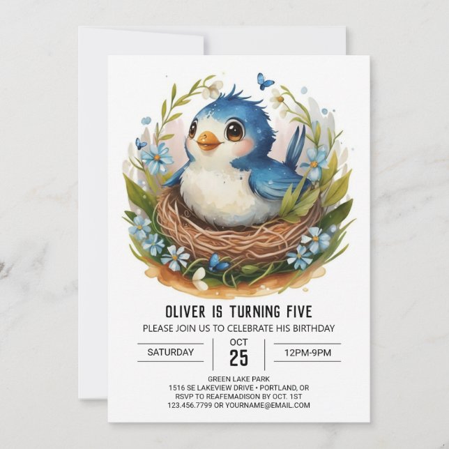 Blue Magical Boho Bird Birthday Invitation (Front)