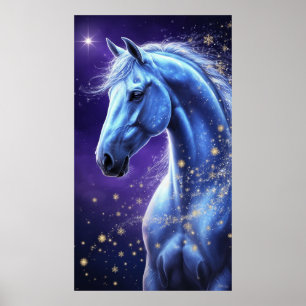 Blue Magical Horse Under Starry Night Sky Poster