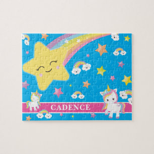Blue Magical Rainbow Unicorn Personalized Kids Jigsaw Puzzle