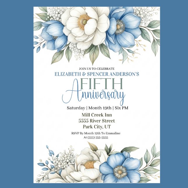 Blue Magnolia and Peony 5th Wedding Anniversary Invitation (Blue and ivory floral 5th wedding anniversary invitation)